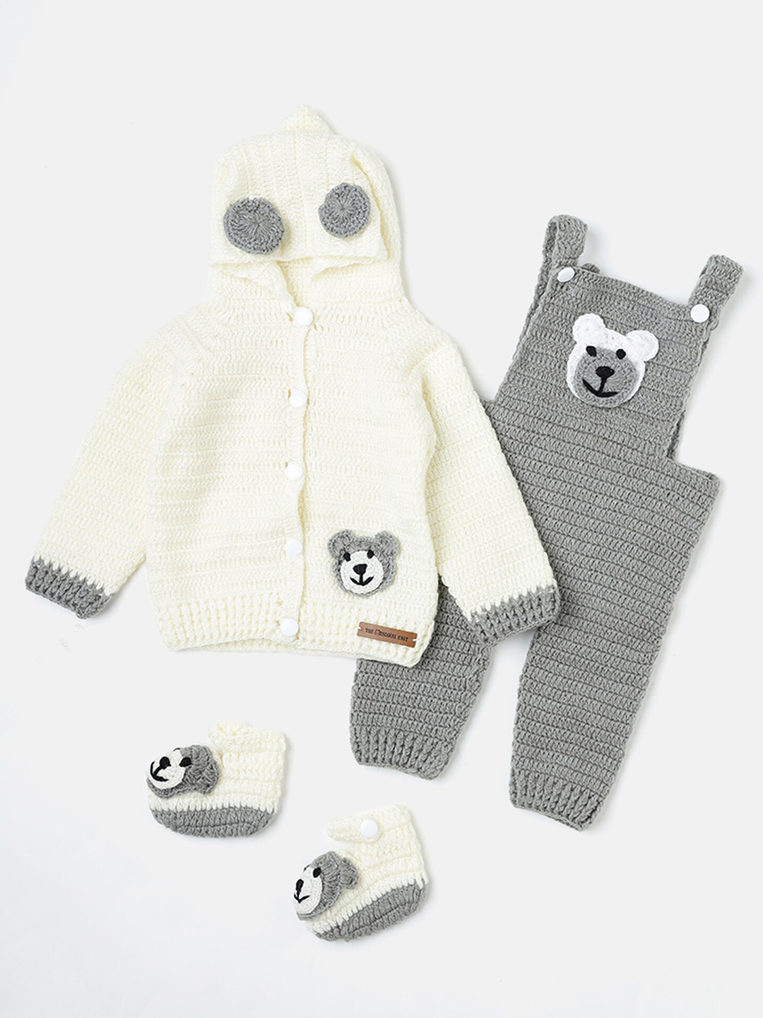 

The Original Knit Infants Crochet Sweater With Dungarees Comes With Cap & Mittens, Cream