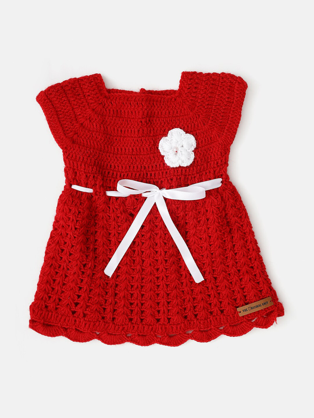 

The Original Knit Infant Girls Self Design Corsage Tie-Up Acrylic Fit & Flare Dress, Red