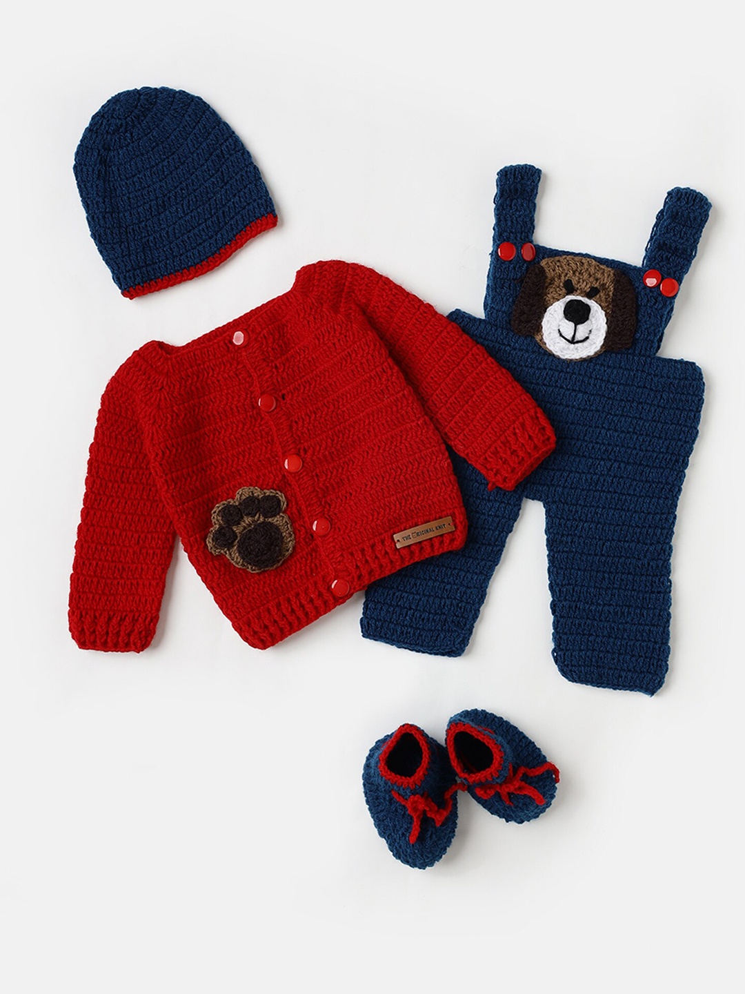 

The Original Knit Infants Crochet Sweater With Dungarees Comes With Cap & Mittens, Red