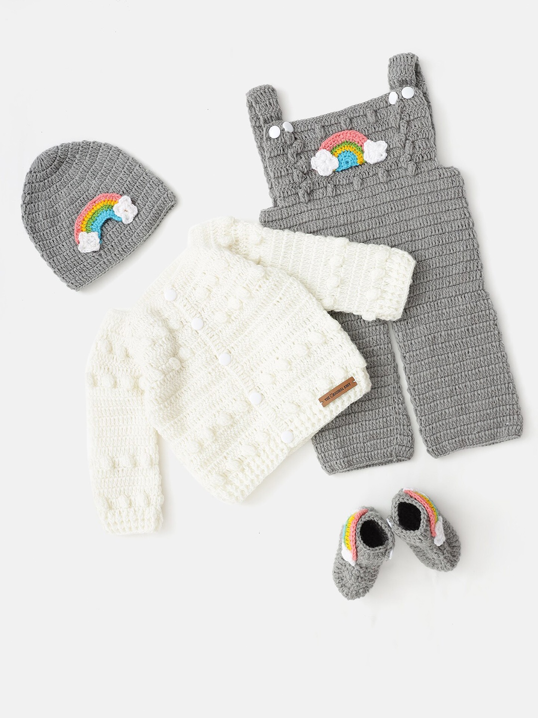 

The Original Knit Infants Self Design Cloud Embellished Crochet Dungaree Set, Grey