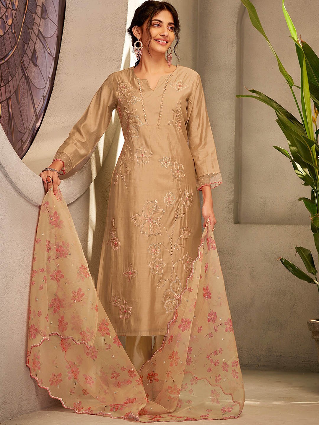 

Indo Era Beige & Pink Floral Embroidered Sequinned A-Line Kurta With Trousers & Dupatta