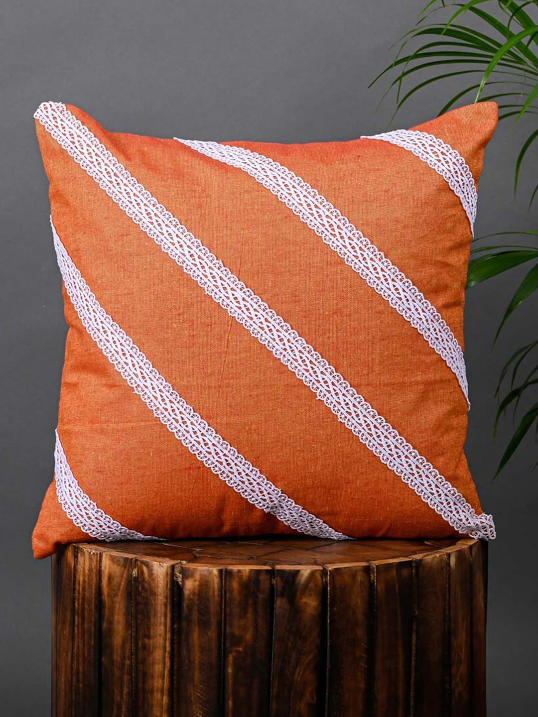 

OUSSUM Orange & White 2 Pieces Striped Cotton Square Cushion Covers