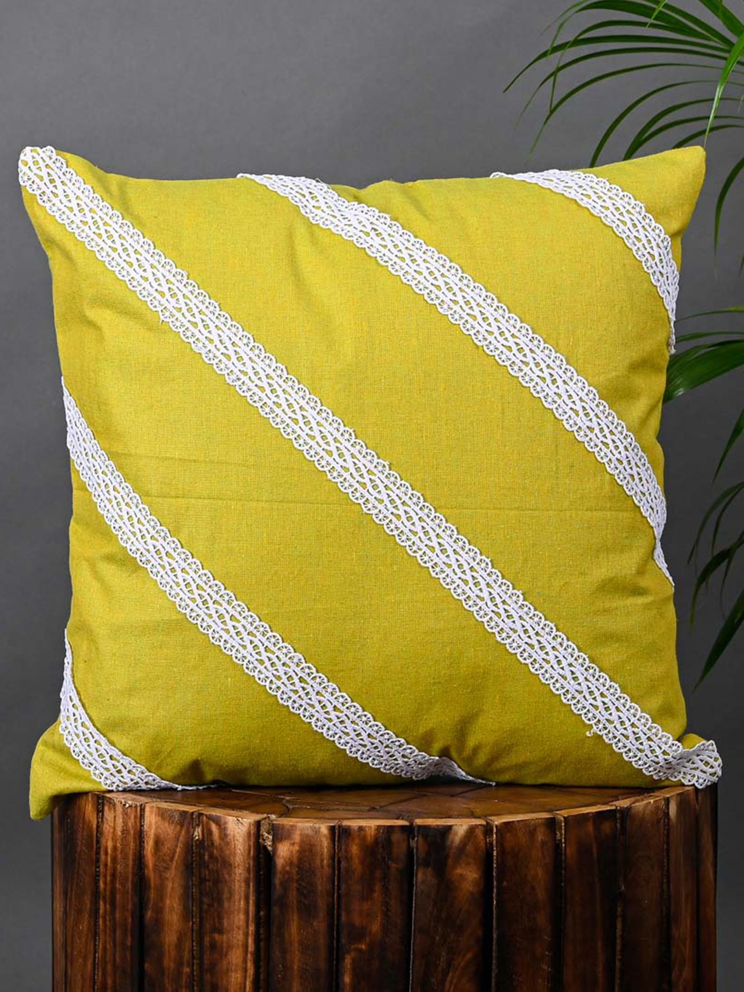 

OUSSUM Yellow & White 2 Pieces Striped Cotton Square Cushion Covers