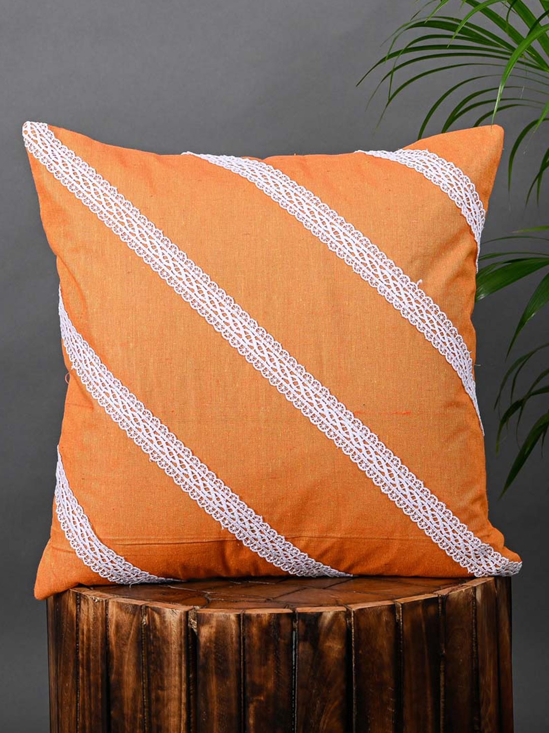 

OUSSUM Orange & White 2 Pieces Striped Cotton Square Cushion Covers