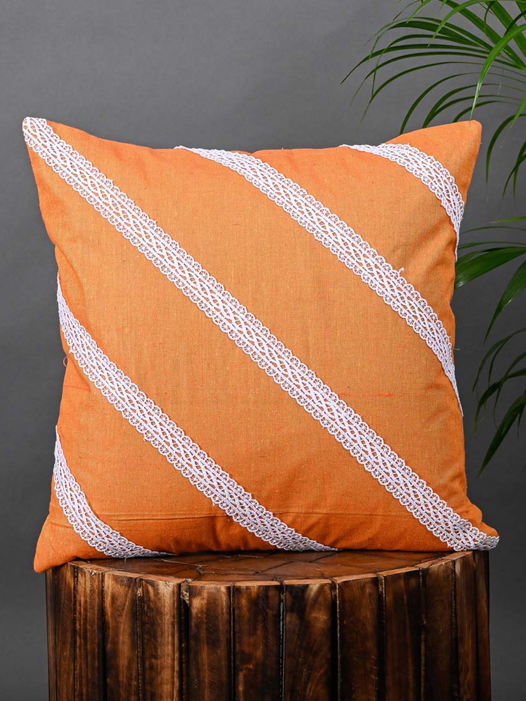 

OUSSUM Orange & White 2-Pieces Striped Cotton Square Cushion Covers