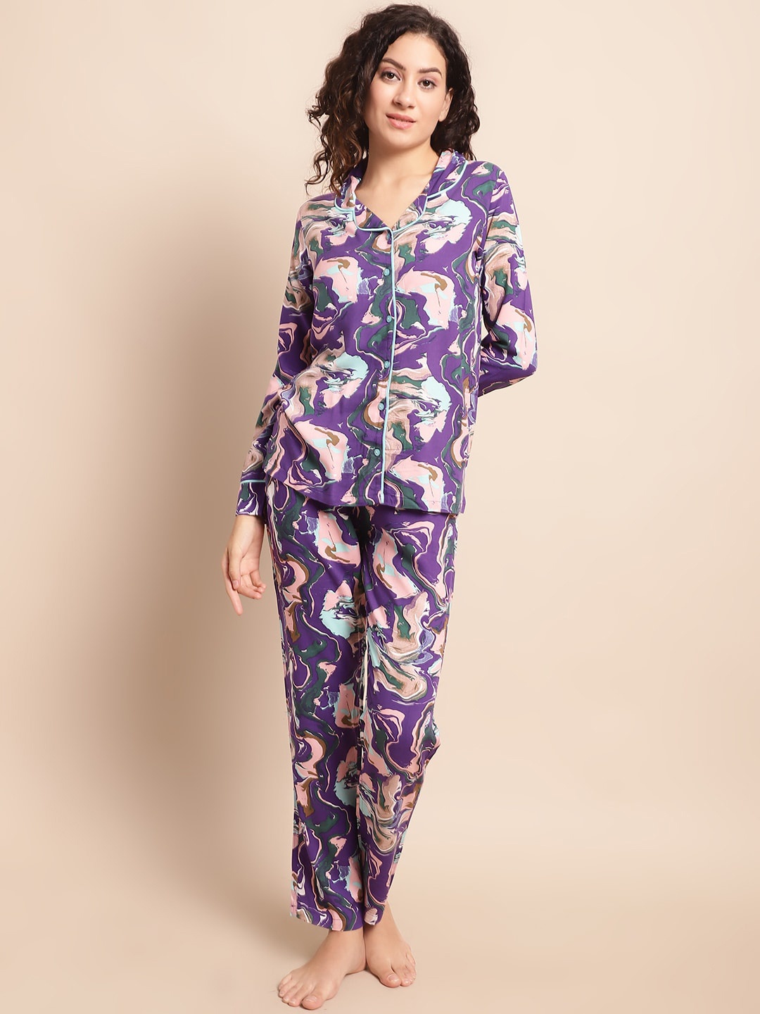 

Kanvin Abstract Printed Lapel Collar Night suit, Purple