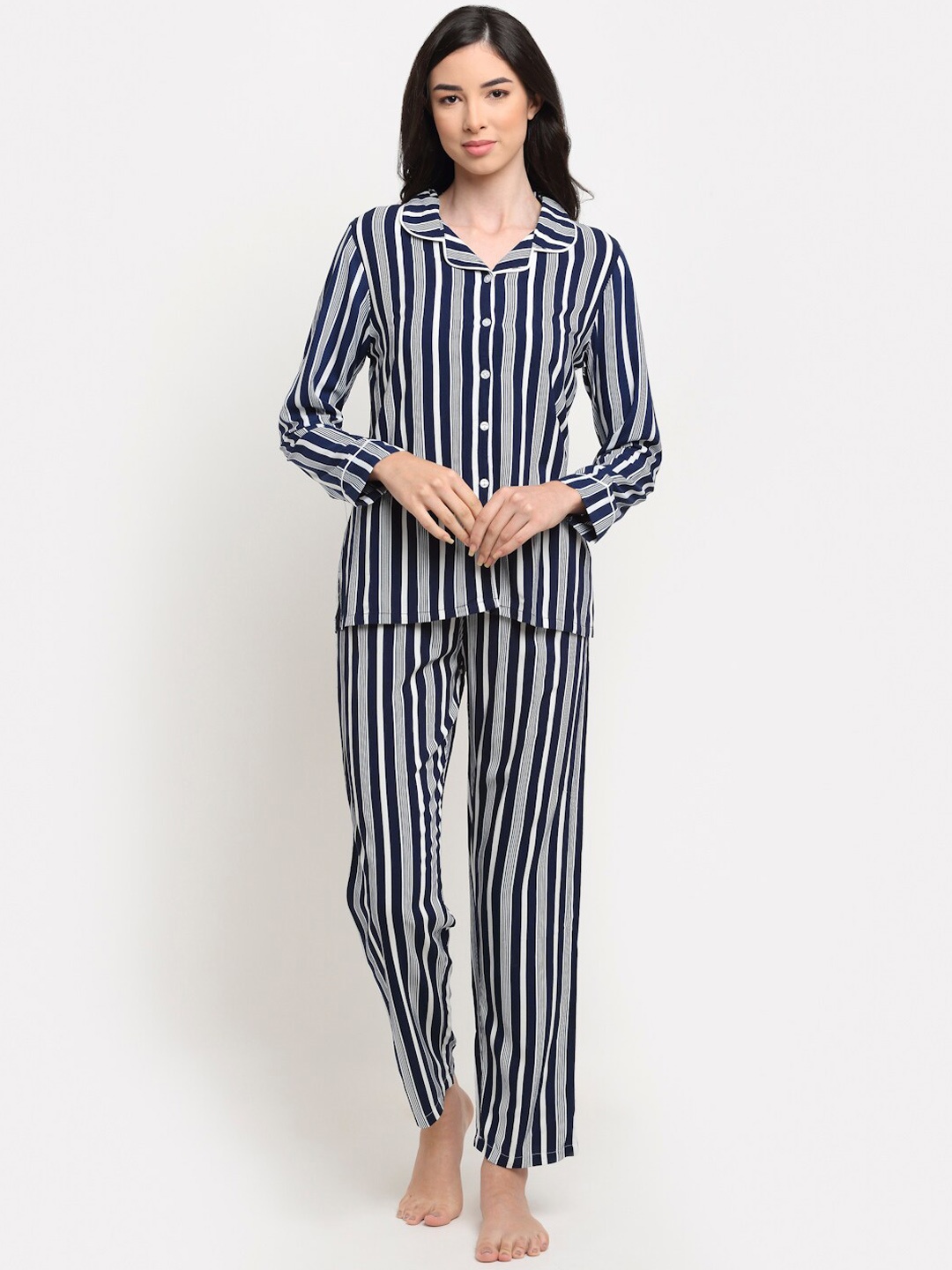 

Kanvin Navy Blue & White Striped Shirt & Pyjamas