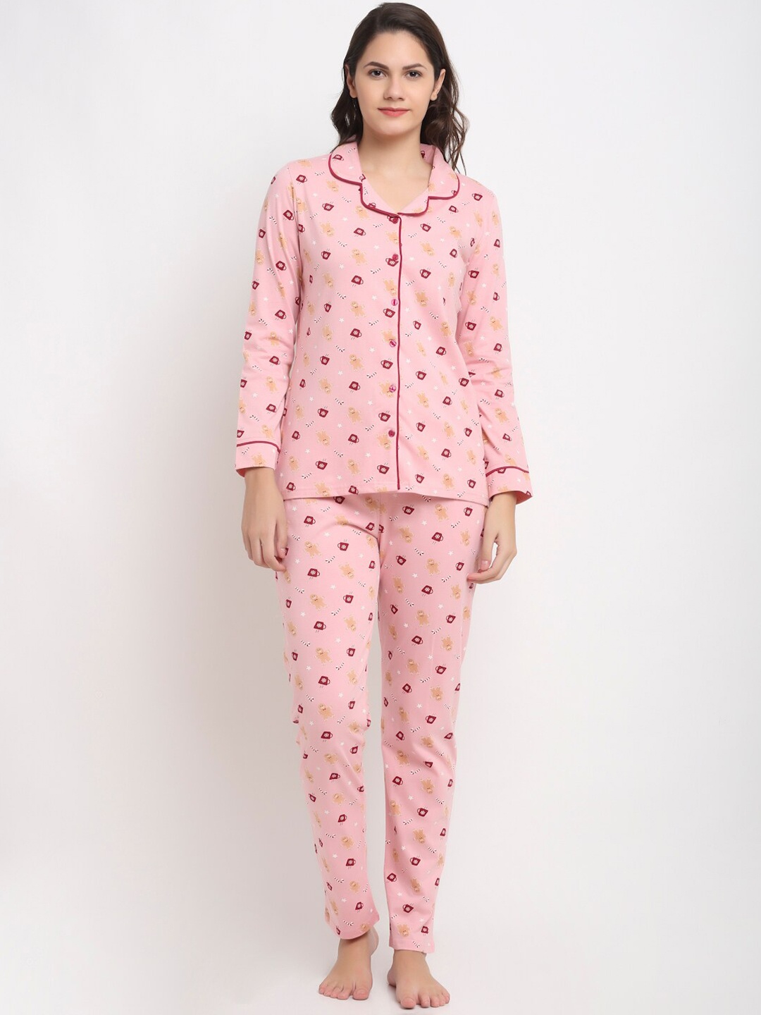 

Kanvin Pink & Red Conversational Printed Pure Cotton Shirt & Pyjamas