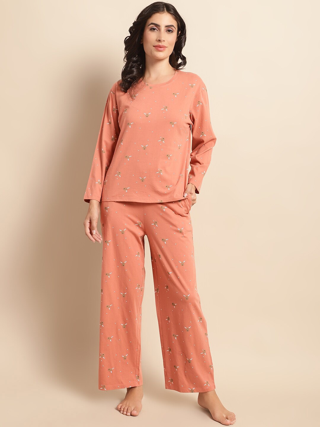 

Kanvin Rust & Brown Conversational Printed Pure Cotton Tshirt & Pyjamas
