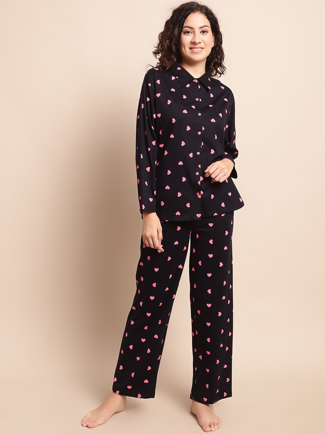 

Kanvin Navy Blue & Pink Conversational Printed Pure Cotton Shirt & Pyjamas