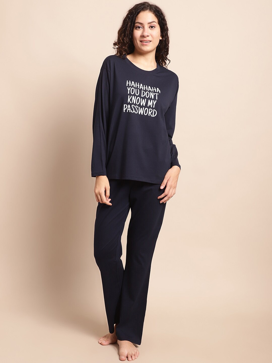 

Kanvin Navy Blue & White Typography Printed Pure Cotton Tshirt & Pyjamas