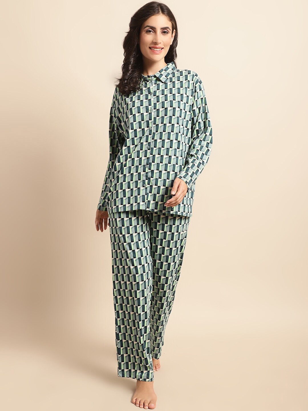 

Kanvin Green & Pink Gemetric Printed Modal Shirt & Pyjamas