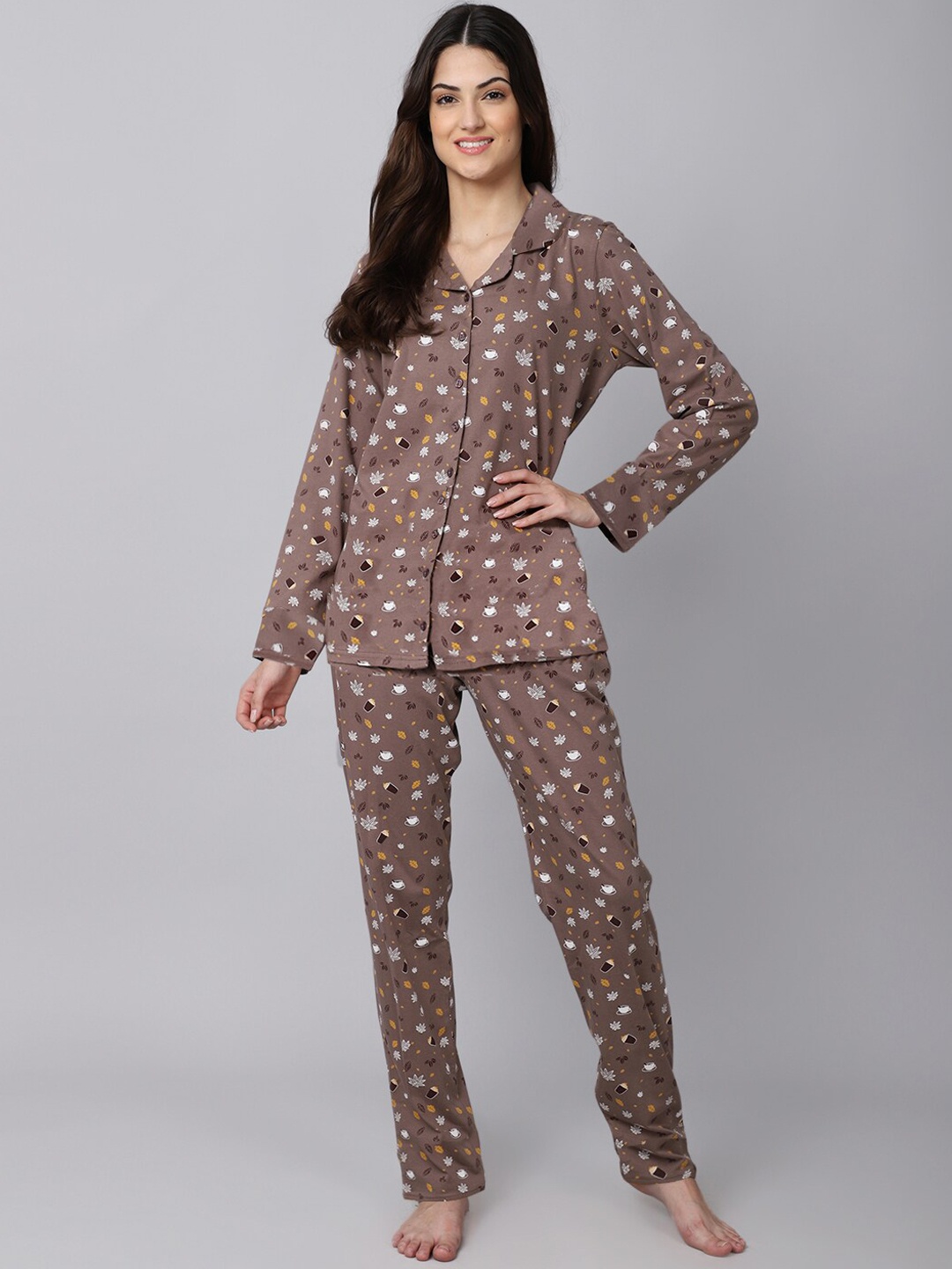 

Kanvin Camel Brown & White Conversational Printed Pure Cotton Shirt & Pyjamas