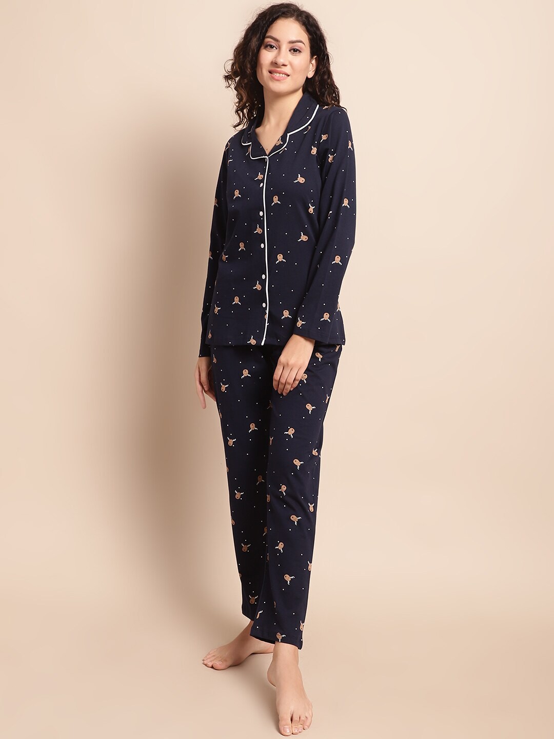 

Kanvin Navy Blue & Brown Conversational Printed Pure Cotton Shirt & Pyjamas