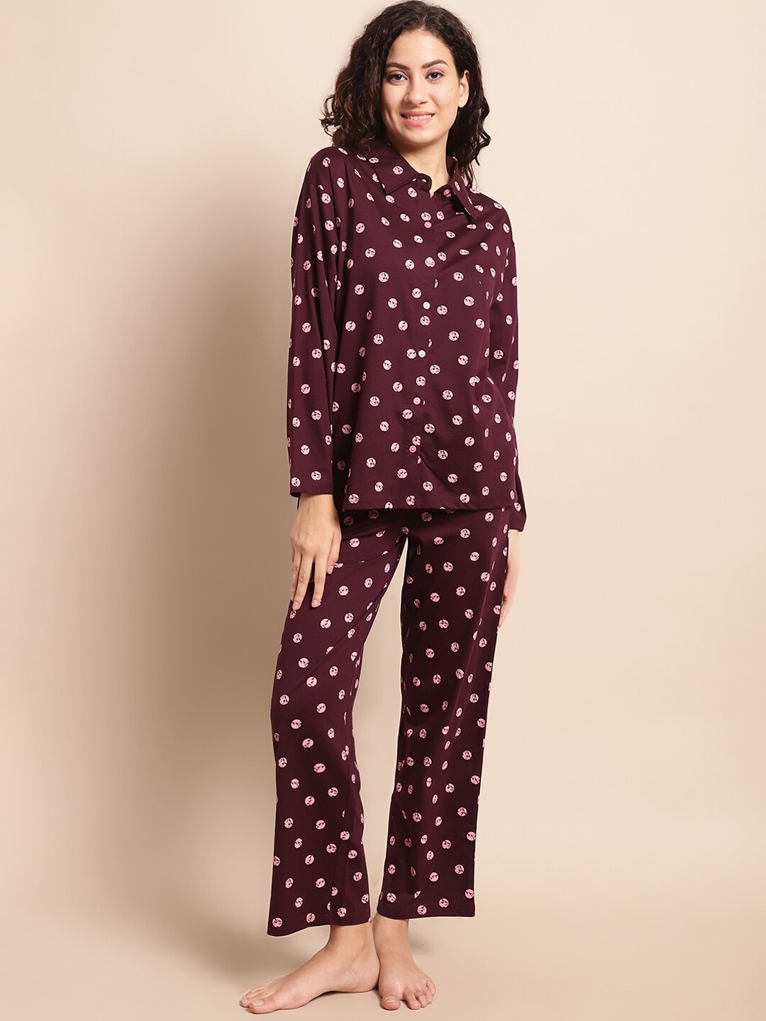 

Kanvin Maroon Geometric Printed Pure Cotton Night Suit