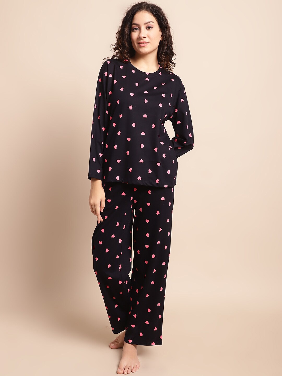 

Kanvin Navy Blue & Pink Conversational Printed Pure Cotton Night Suit