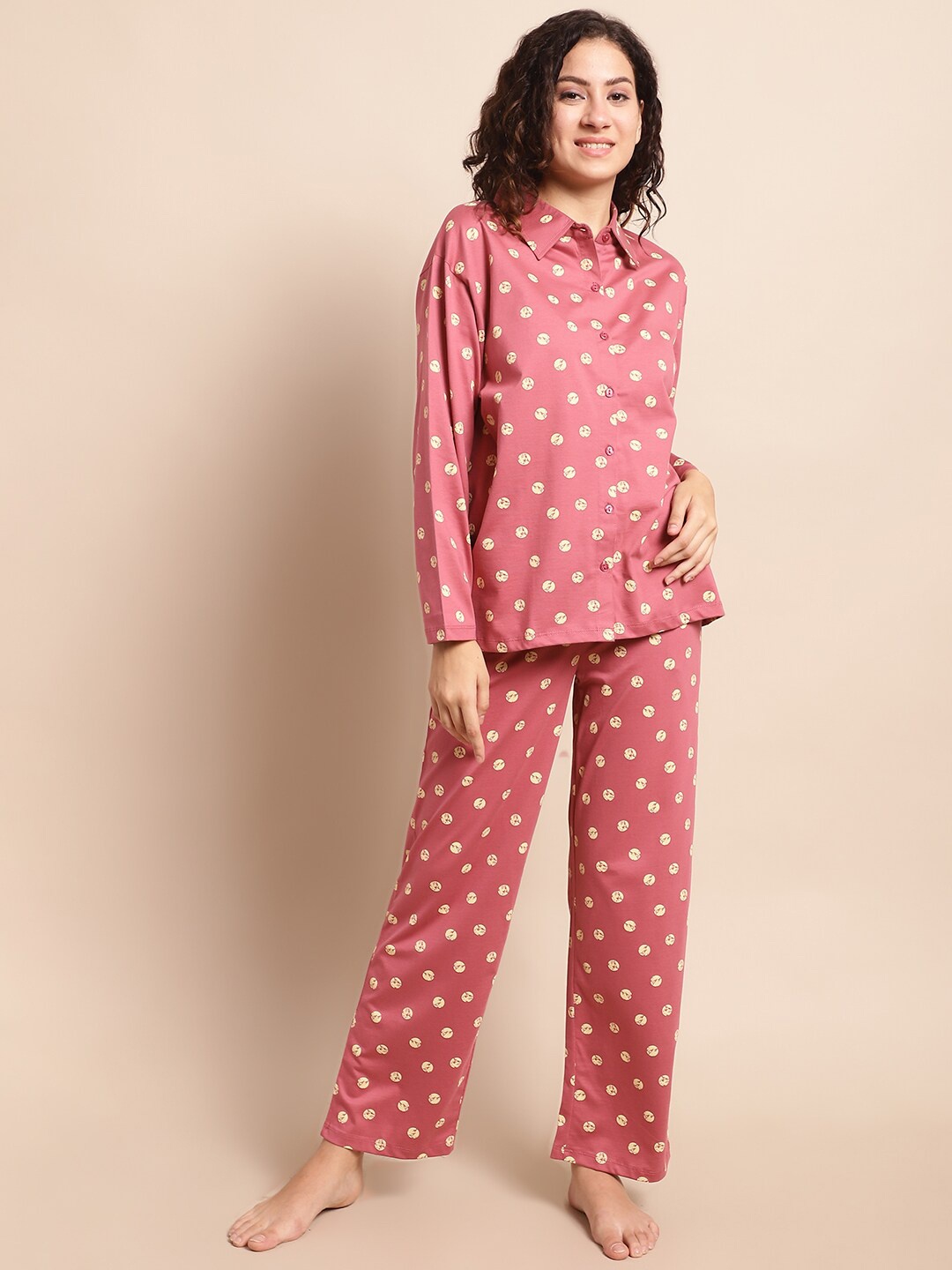 

Kanvin Pink & Yellow Geometric Printed Pure Cotton Night Suit