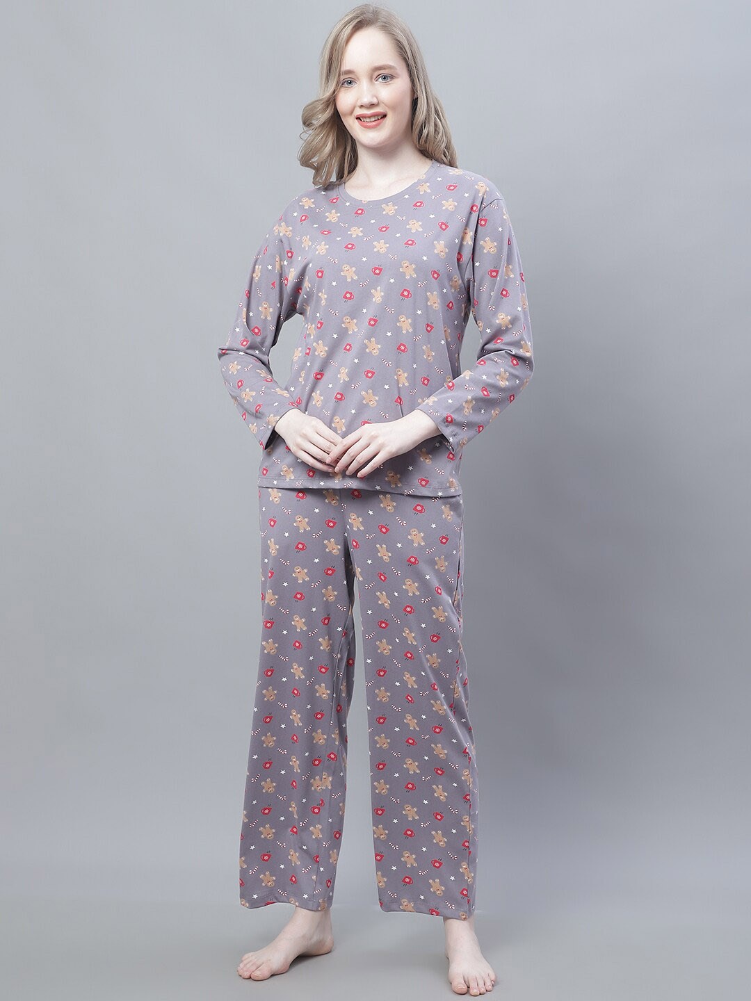 

Kanvin Grey & Red Conversational Printed Pure Cotton Night Suit