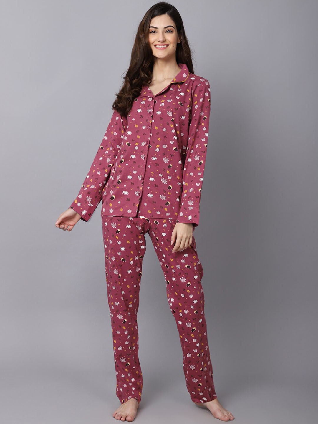 

Kanvin Mauve & White Conversational Printed Pure Cotton Night Suit