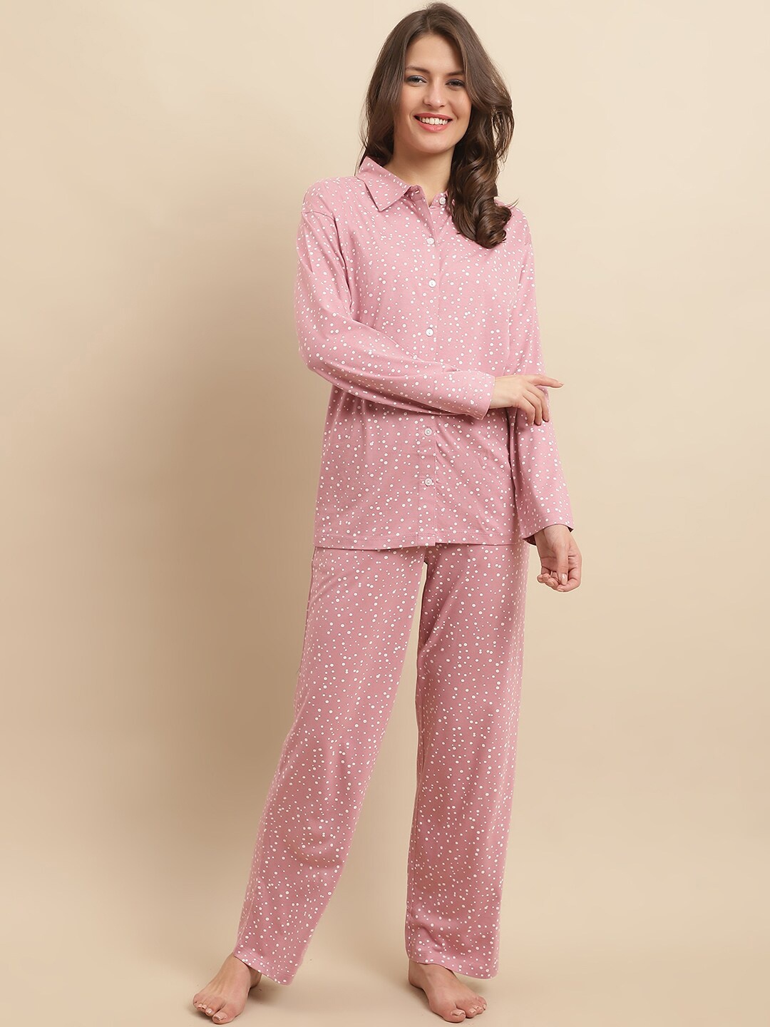 

Kanvin Pink & White Polka Dots Printed Modal Night Suit