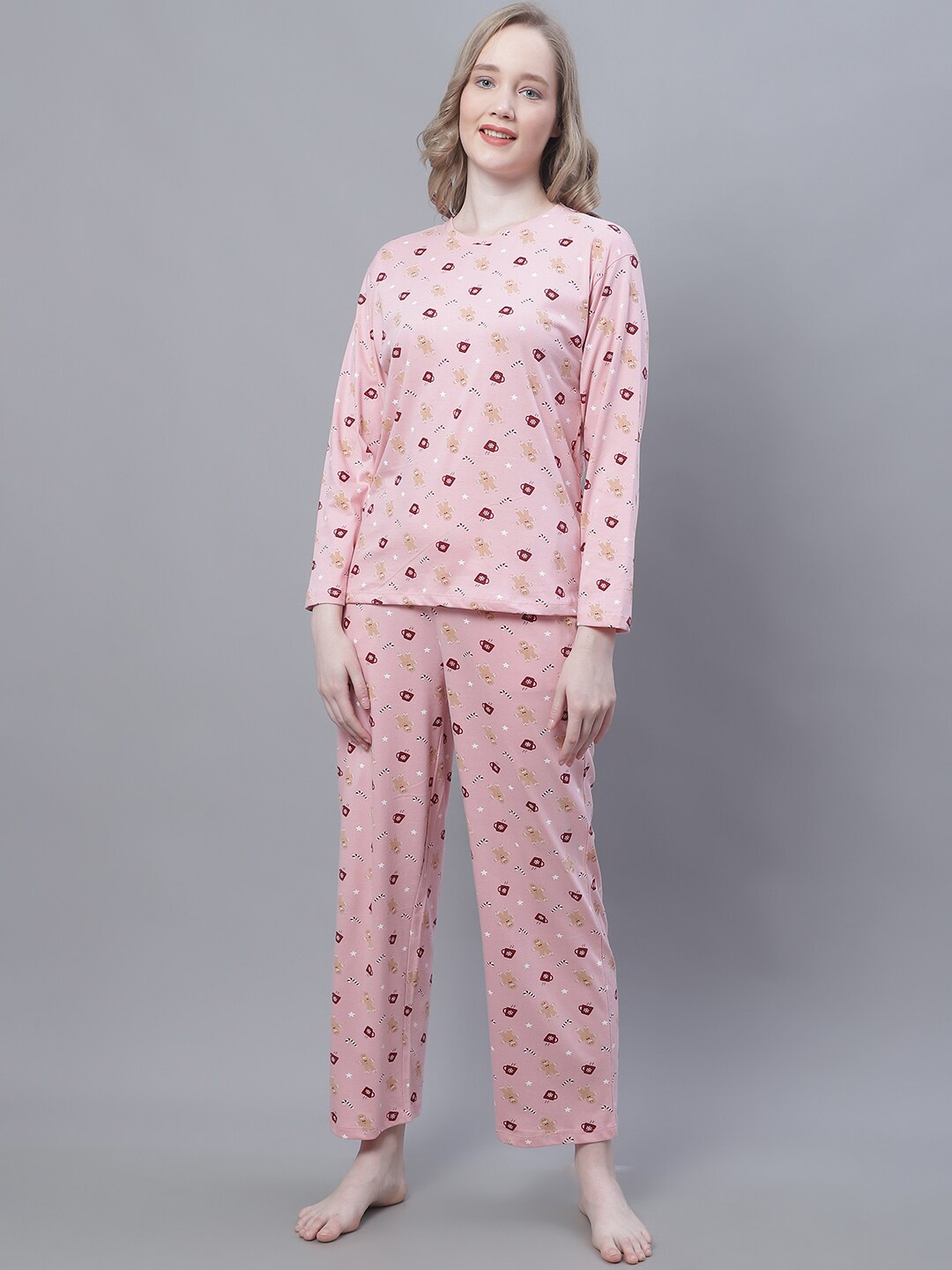 

Kanvin Pink & Red Conversational Printed Pure Cotton Night suit