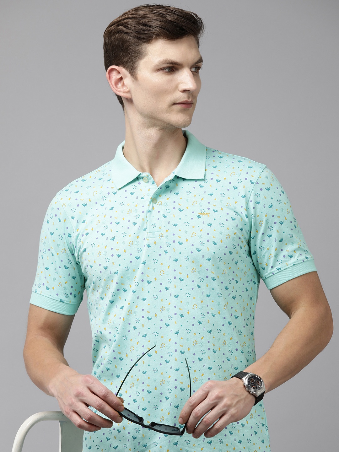 

Park Avenue Floral Printed Polo Collar Slim Fit Casual T-shirt, Blue