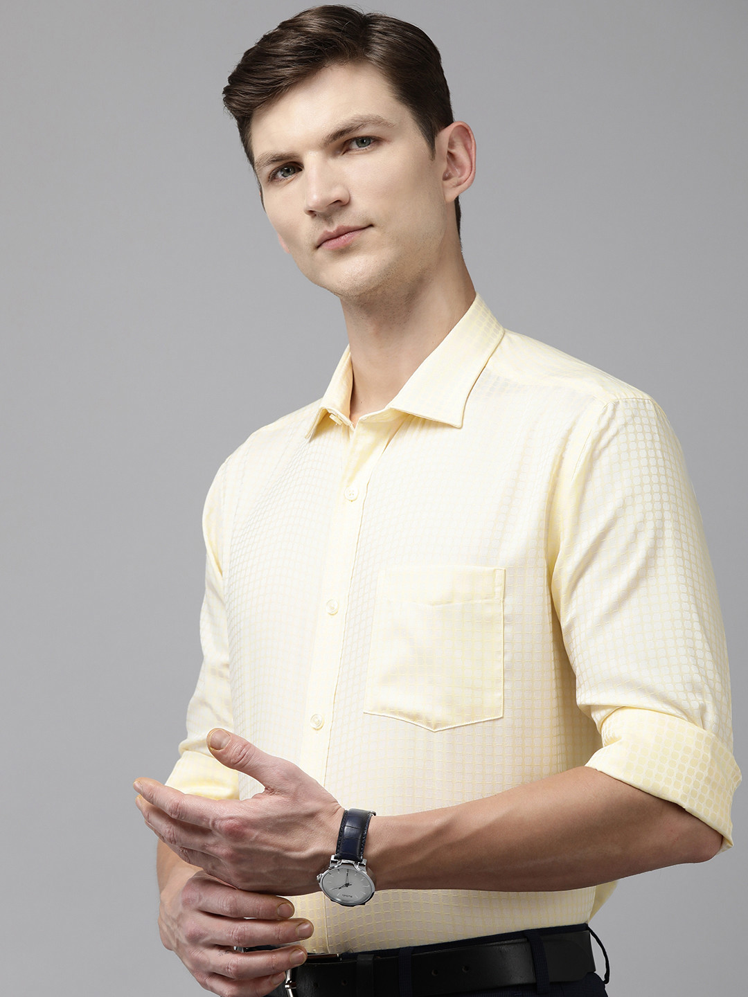 

Park Avenue Pure Cotton Self Design Textured Formal Shirt, Yellow