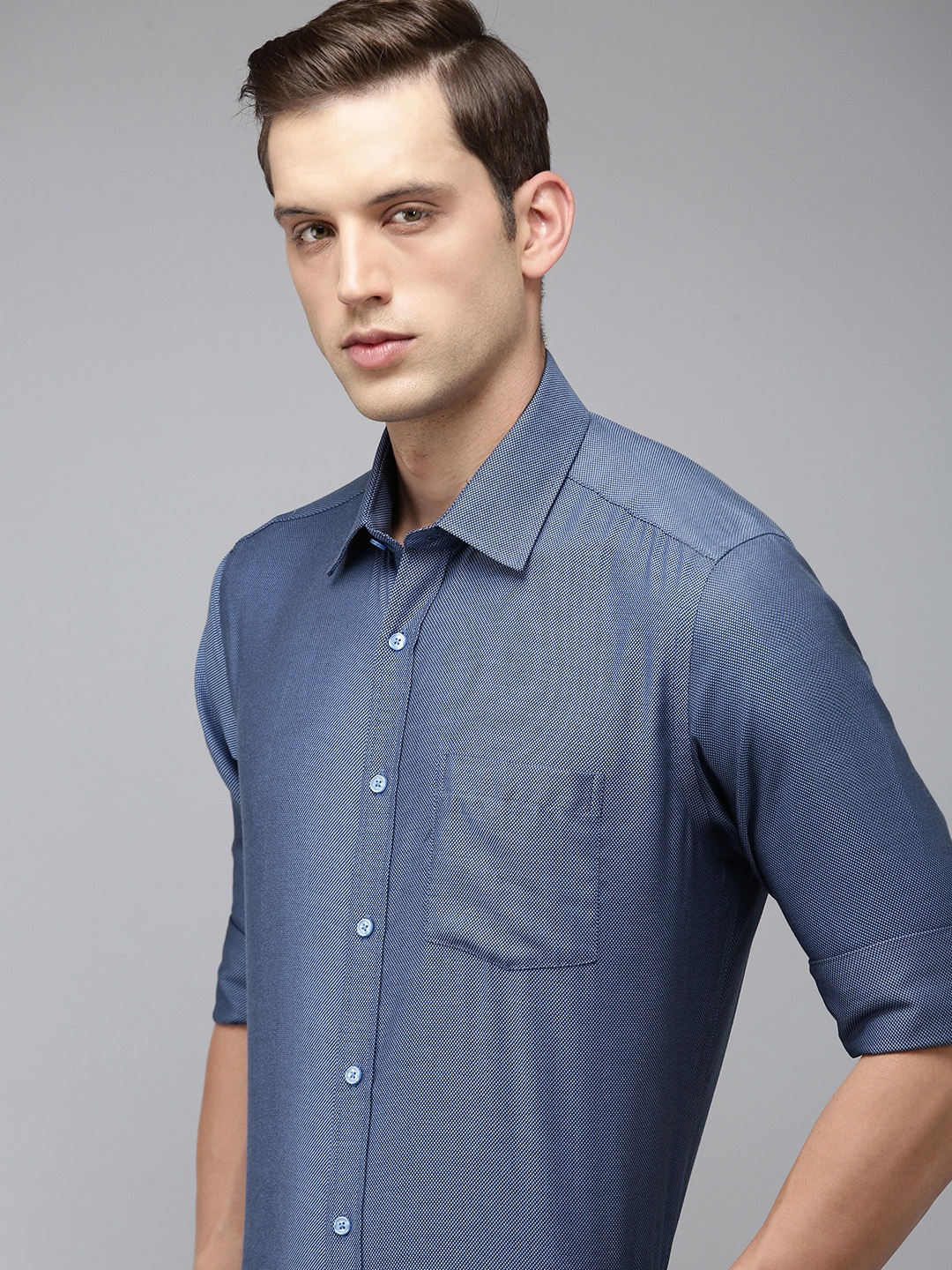 

Park Avenue Men Textured Opaque Self Design Pure Cotton Formal Shirt, Blue