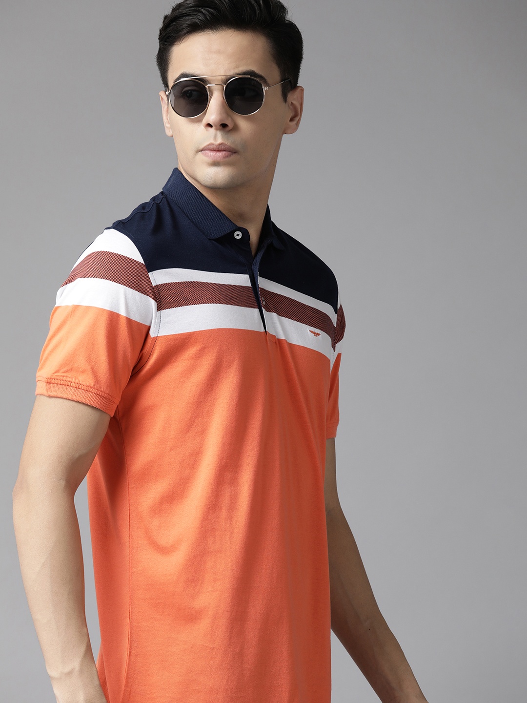 

Park Avenue Men Striped Polo Collar Pure Cotton Slim Fit T-shirt, Orange