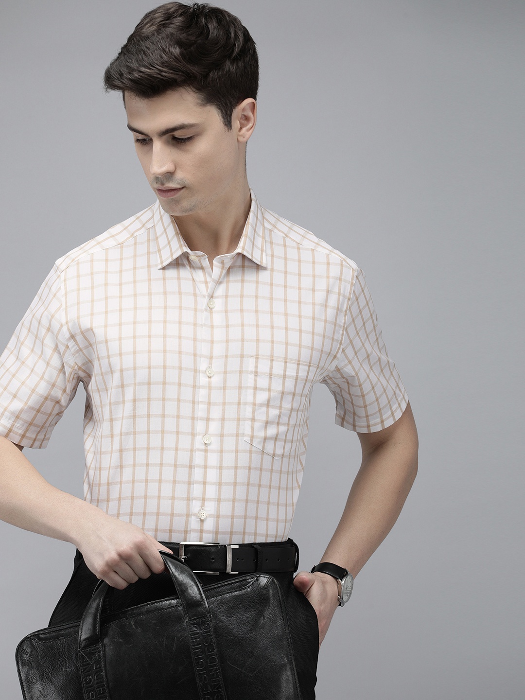 

Park Avenue Pure Cotton Checked Formal Shirt, Beige