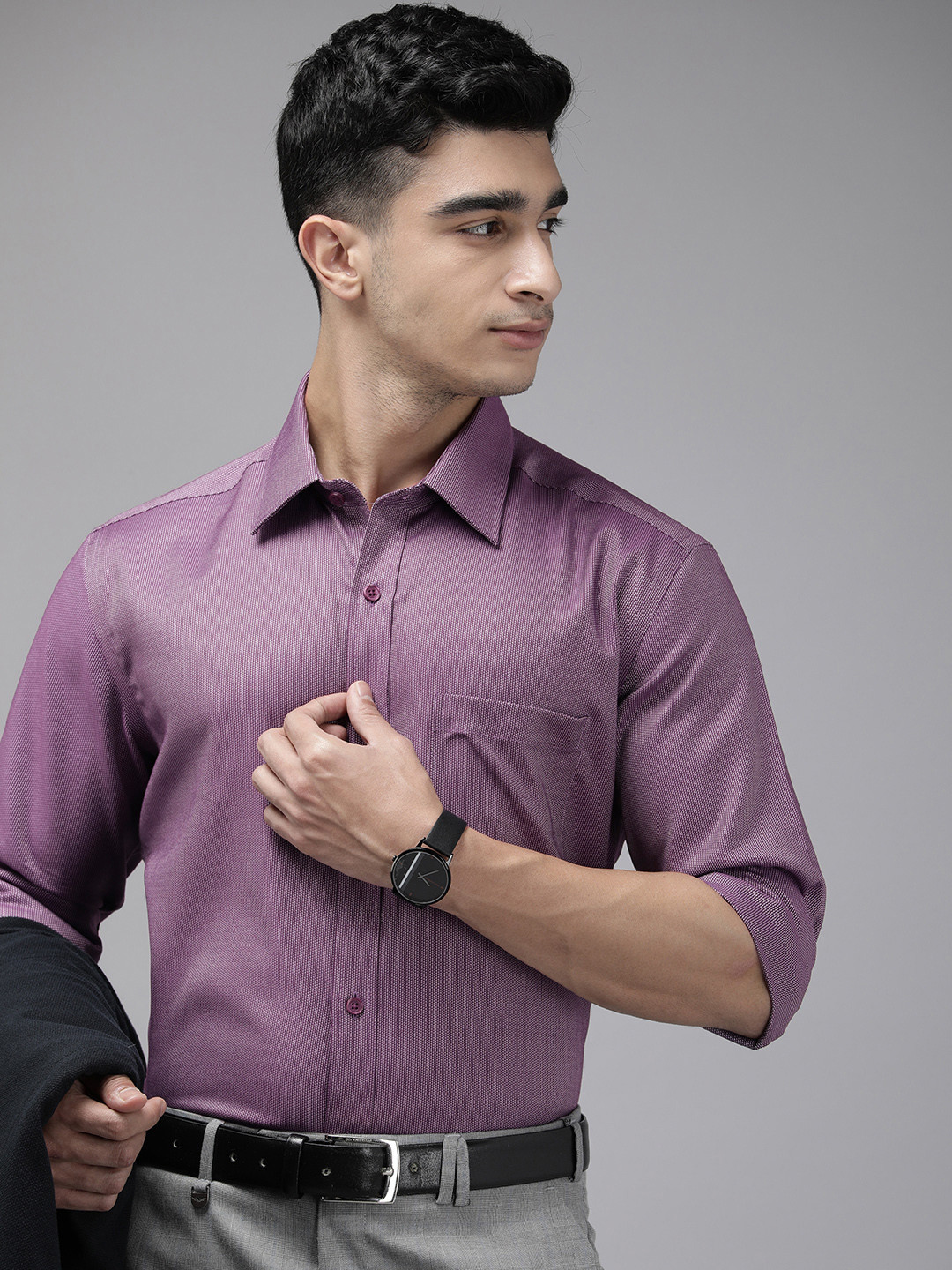 

Park Avenue Self Design Textured Pure Cotton Formal Shirt, Purple