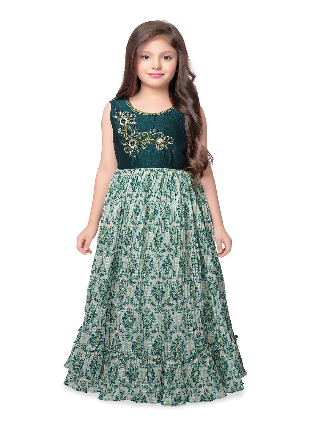 

BETTY Girls Ethnic Motifs Printed Embellished Georgette Maxi Dress, Green