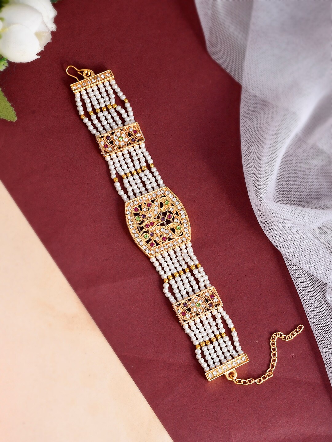 

Silvermerc Designs Stone-studded Pearl Beaded Rakhi, Gold