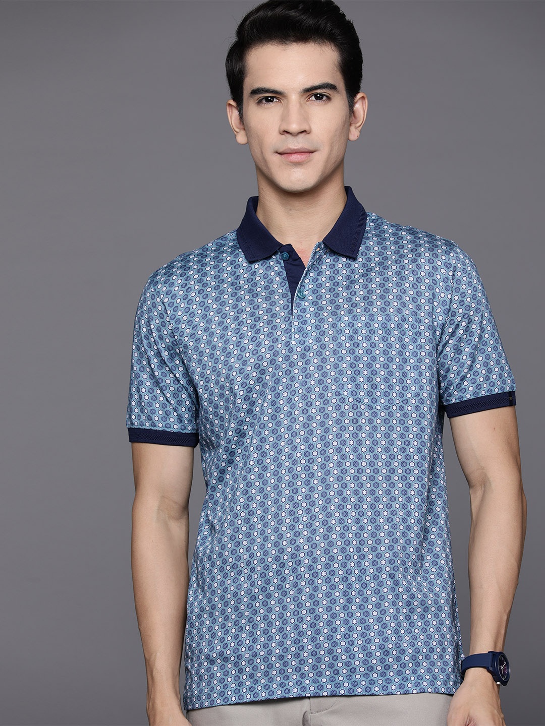 

Raymond Geometric Printed Polo Collar Pure Cotton T-shirt, Blue