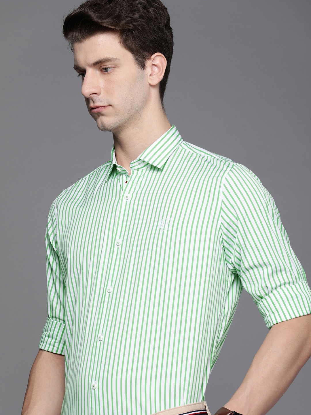 

Raymond Contemporary Fit Striped Pure Cotton Semiformal Shirt, Green