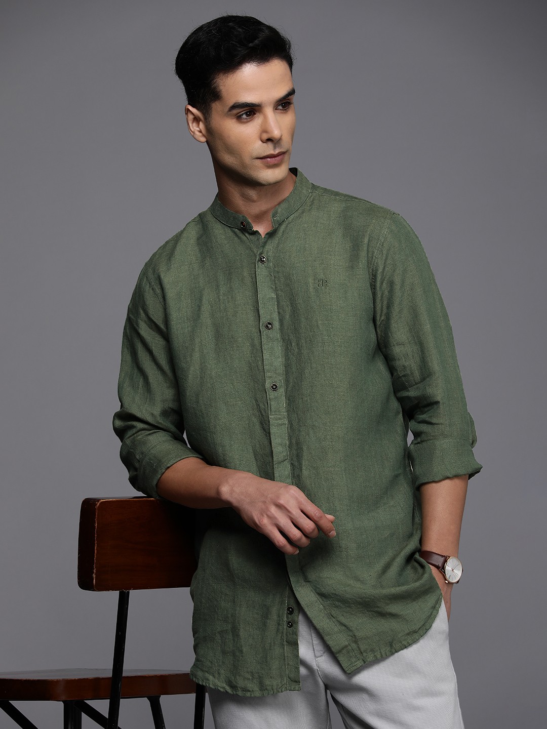 

Raymond Pure Linen Band Collar Casual Shirt, Green