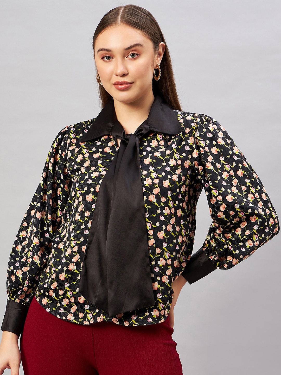 

Antheaa Elit Floral Printed Shirt Collar Cuffed Sleeves Satin Top, Black