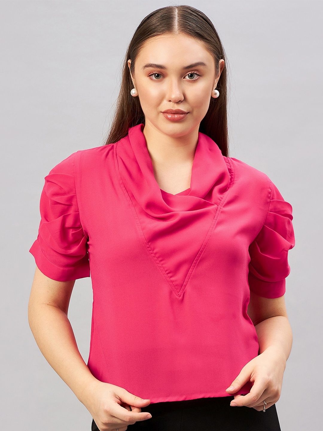 

Antheaa Elit Cowl Neck Puff Sleeve Regular Top, Pink