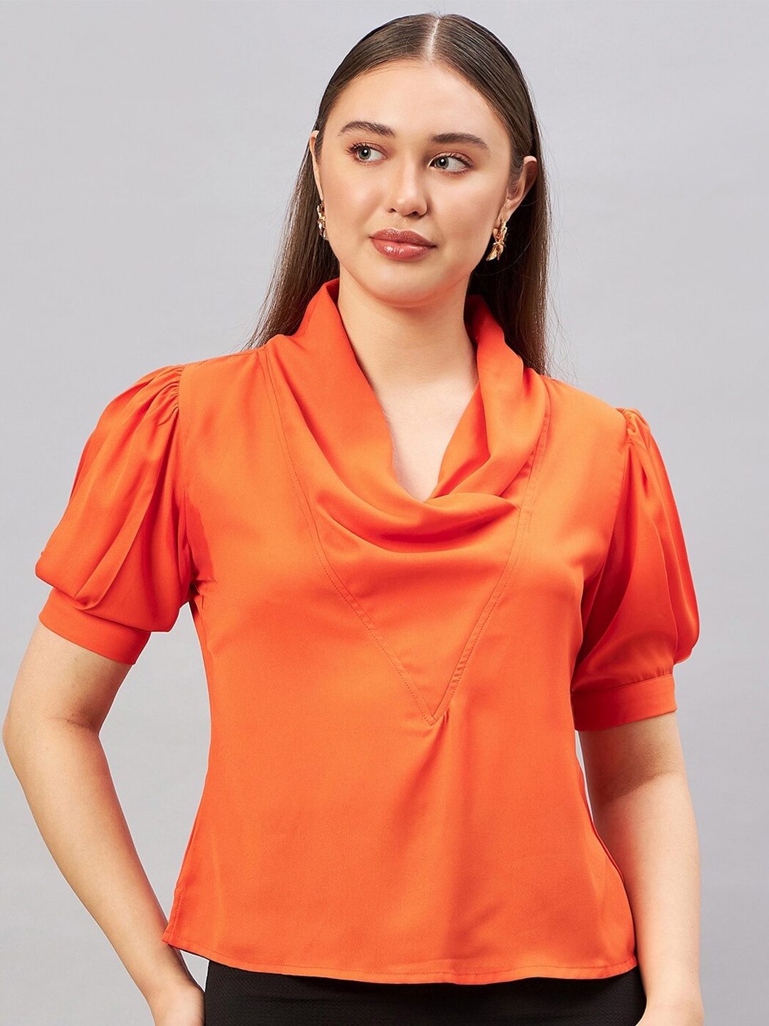 

Antheaa Elit Cowl Neck Puffed Sleeves Crepe Top, Orange