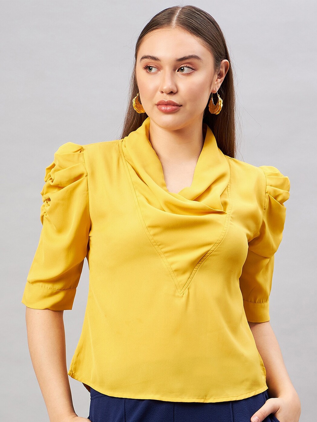 

Antheaa Elit Cowl Neck Puffed Sleeves Crepe Top, Yellow