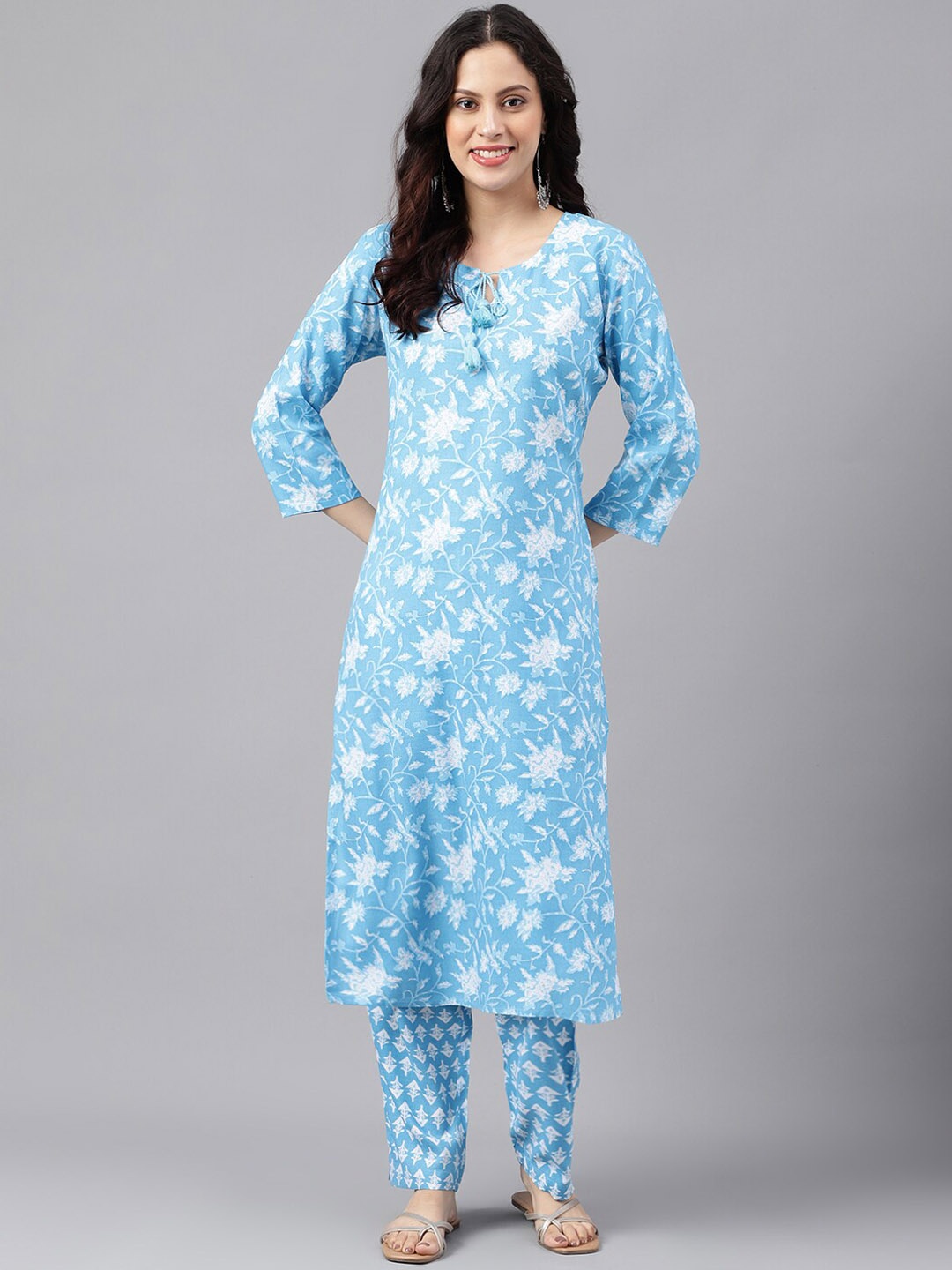 

KALINI Round Neck Floral Printed Tie-Ups Regular Kurta with Trousers, Blue