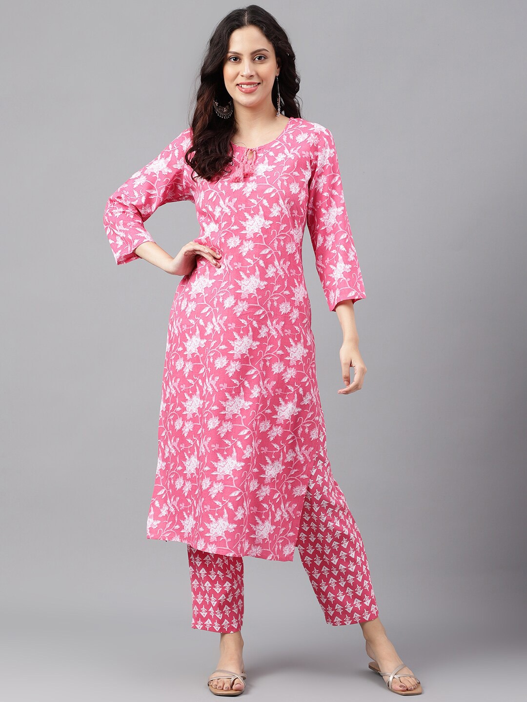 

KALINI Floral Printed A-Line Kurta with Trousers, Pink