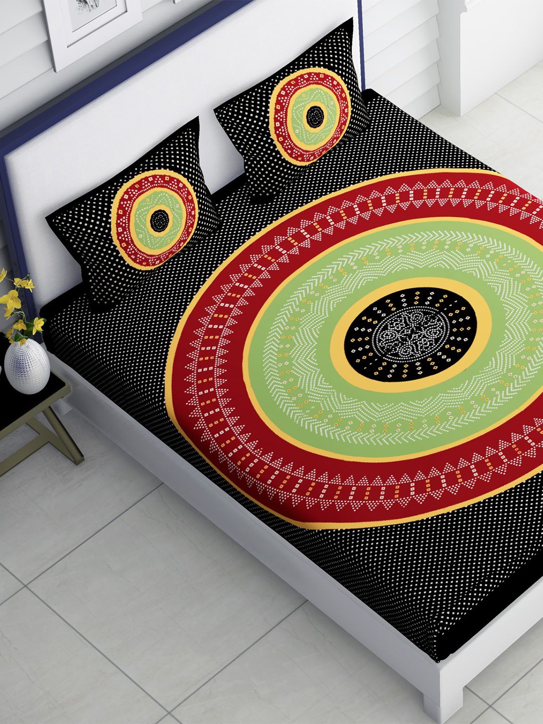 

Lali Prints Black & Green Geometric Cotton 180 TC King Bedsheet With 2 Pillow Covers