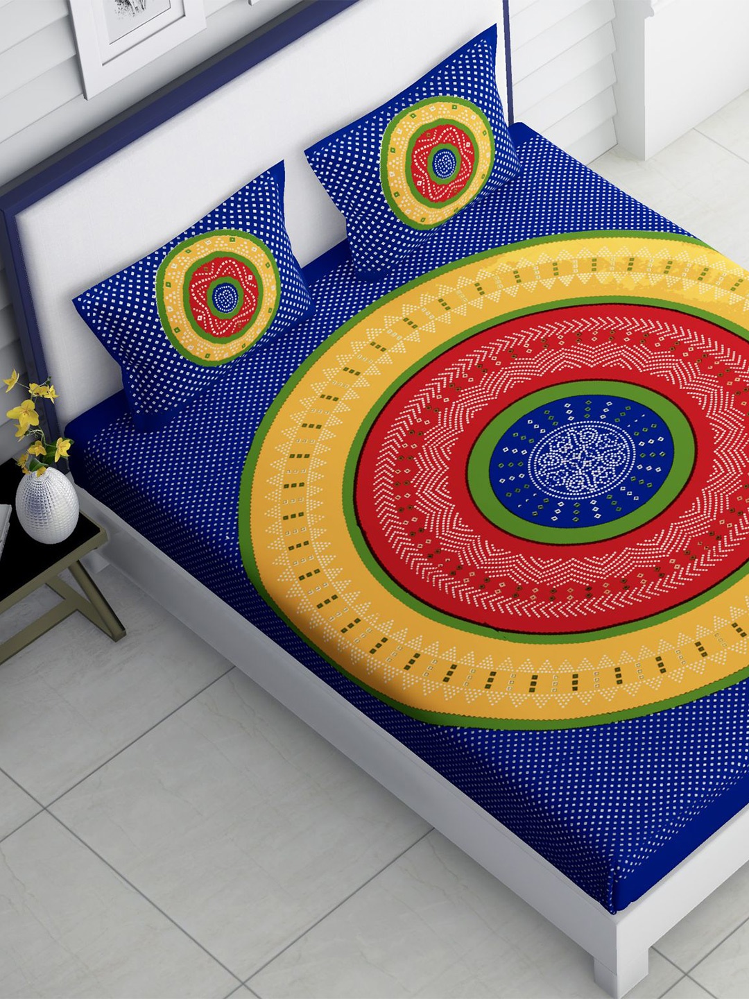 

Lali Prints Blue & Red Geometric Cotton 180 TC King Bedsheet With 2 Pillow Covers