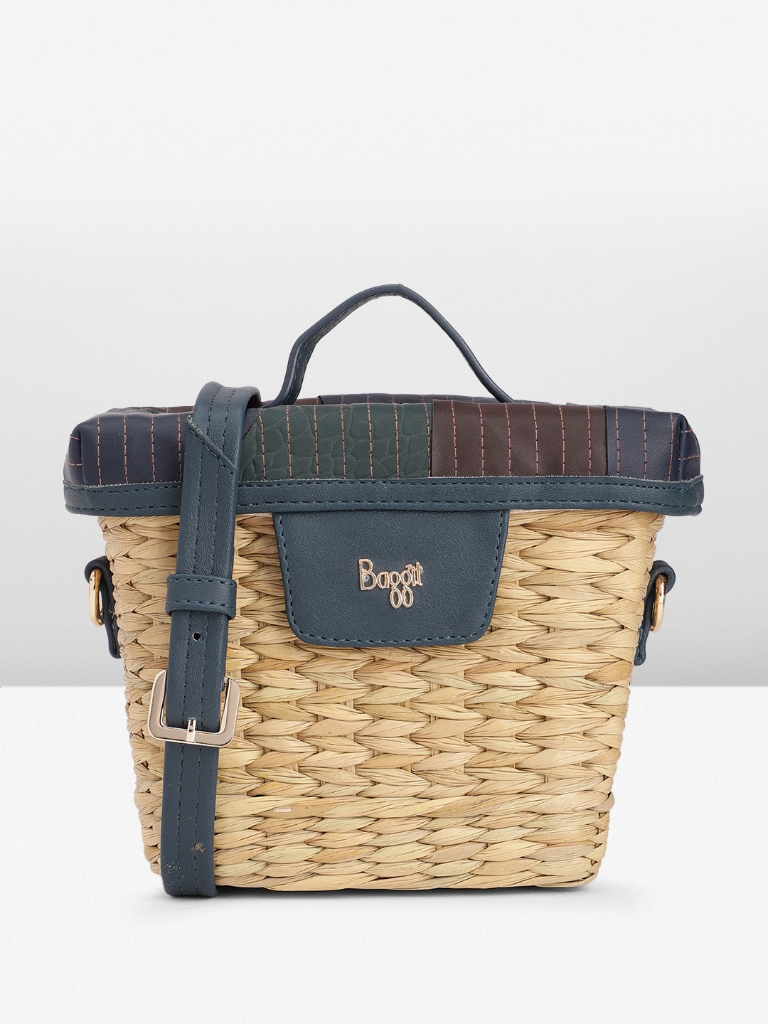 

Baggit Textured Self Design Colourblocked & Striped Bucket Handheld Bag with Patchwork, Beige