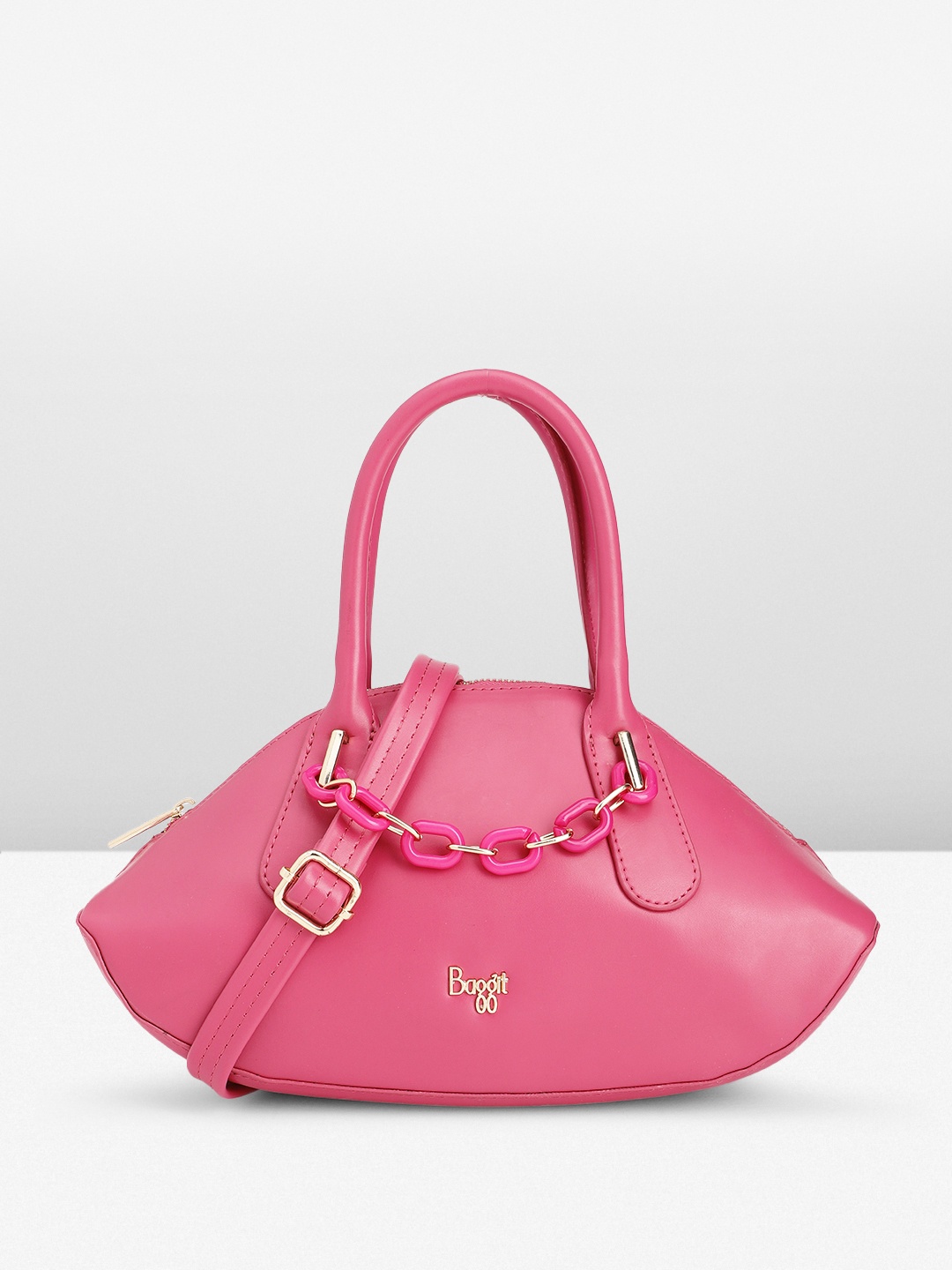 

Baggit Solid PU Bowling Handheld Bag With Link Chain Embellished Detail, Fuchsia