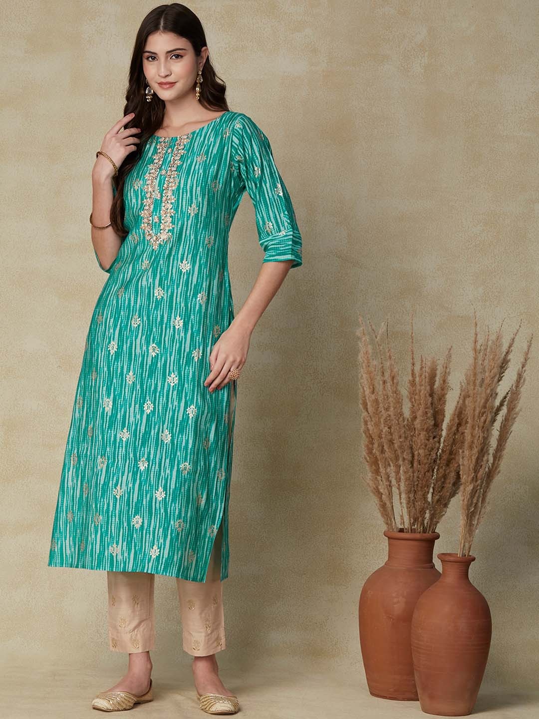 

FASHOR Turquoise Blue Ethnic Motifs Printed Thread Work Kurta