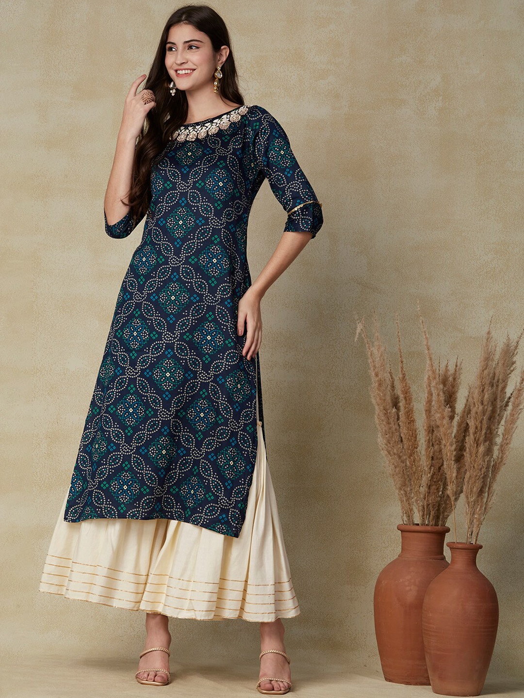 

FASHOR Navy Blue Bandhani Embellished Round Neck Kurta