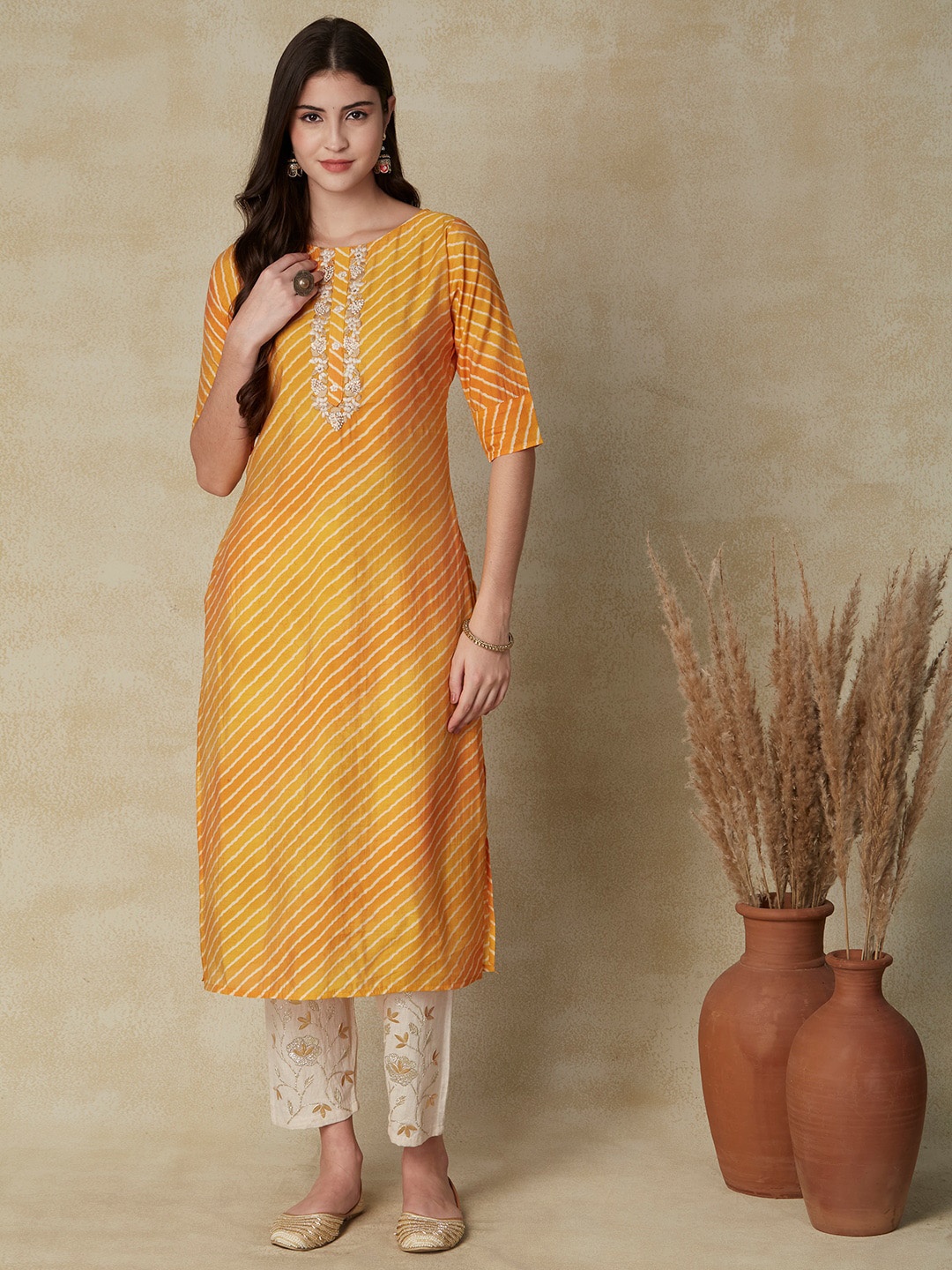 

FASHOR Yellow Leheriya Printed Thread Work Chanderi Cotton Kurta
