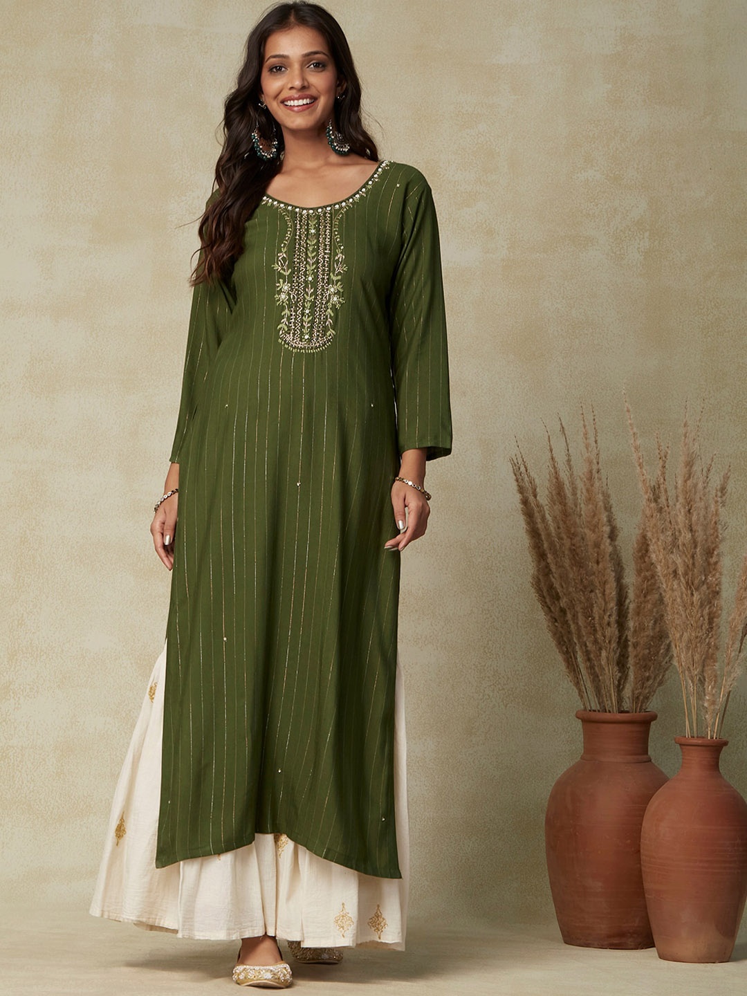 

FASHOR Olive Green Striped Embroidered Kurta